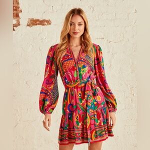 Adrianna Papell Long Sleeve Retro Printed A Line Dress In Pink Multi Size 8 NWT